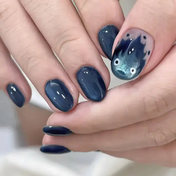 24PCS Y2K Star Press-On Nails – Gradient Blue French Tips with Gold Moon Design Sweet Almond False Nails - Y3
