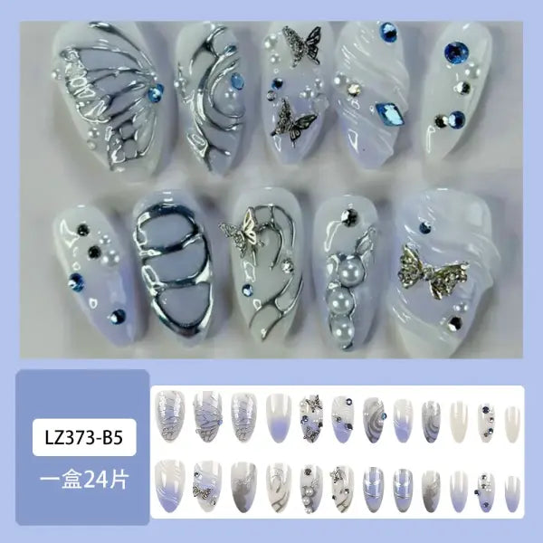 24PCS Y2K Star Press-On Nails – Gradient Blue French Tips with Gold Moon Design Sweet Almond False Nails for Women - Y18