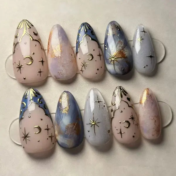 24PCS Y2K Star Press-On Nails – Gradient Blue French Tips with Gold Moon Design Sweet Almond False Nails for Women - Y32