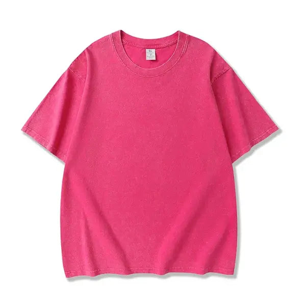 Men’s 250GSM Washed Vintage T-Shirt – Unisex Hip Hop Retro Punk Acid Wash Short Sleeve Cotton Top - 629 Rose Red / XXL