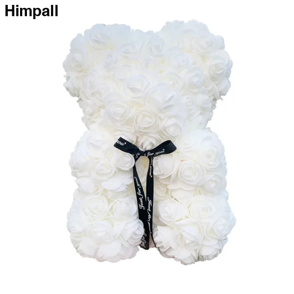 White Rose Teddy Bear with Black Bow Ribbon, 25cm Rose Teddy for Gifts and Decor