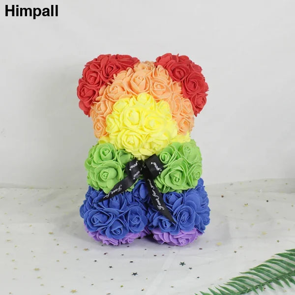 Rainbow-colored 25cm Rose Teddy Bear made of artificial flowers for special occasions