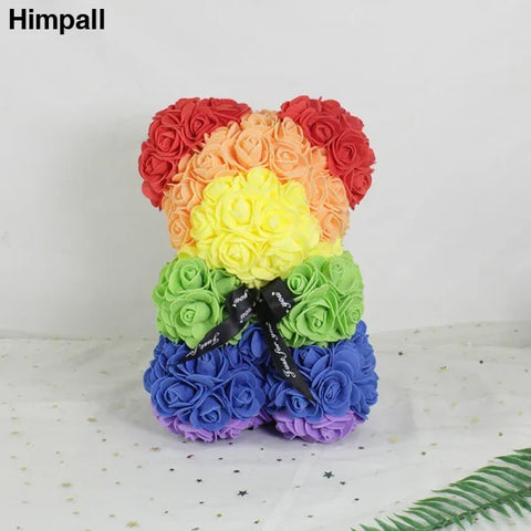 Rainbow-colored 25cm Rose Teddy Bear made of artificial flowers for special occasions