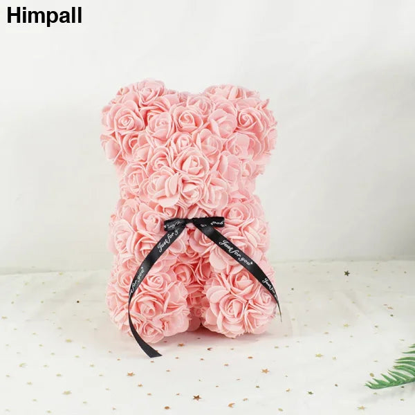 Pink Rose Bear with Black Ribbon Bow - 25cm Rose Teddy for Valentine’s, Birthday, Christmas