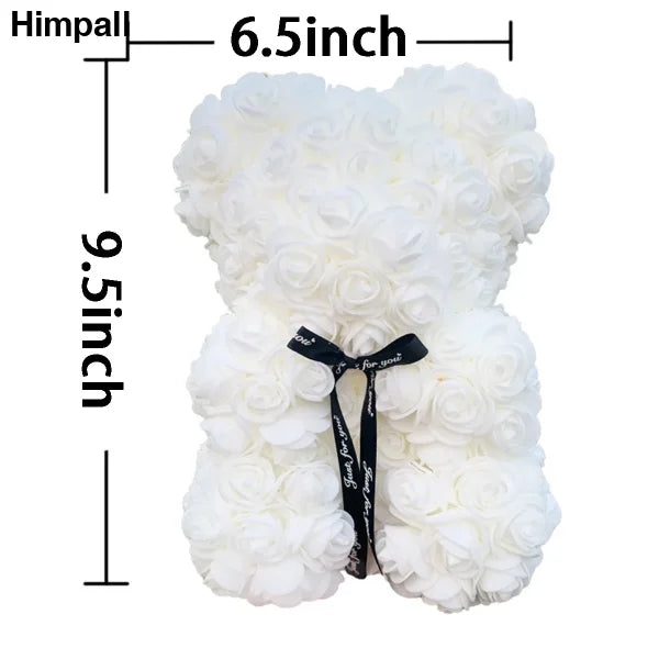 White Rose Teddy Bear with Black Ribbon Bow, 25cm Artificial Flower Bear Gift