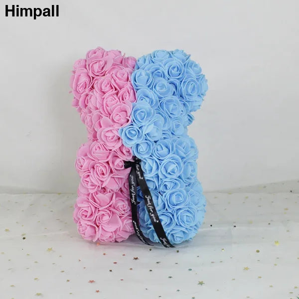 Half pink and half blue rose teddy bear made of artificial flowers, 25cm rose teddy