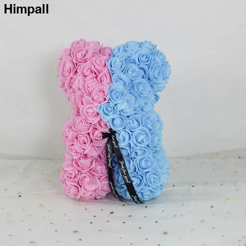 Half pink and half blue rose teddy bear made of artificial flowers, 25cm rose teddy