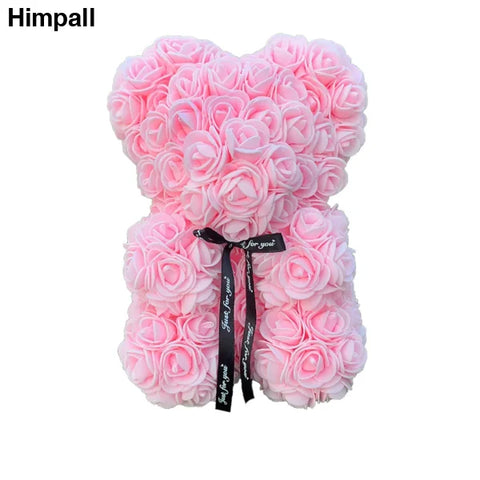 Pink Rose Teddy Bear with Black Ribbon Bow - 25cm Artificial Flower Bear Gift