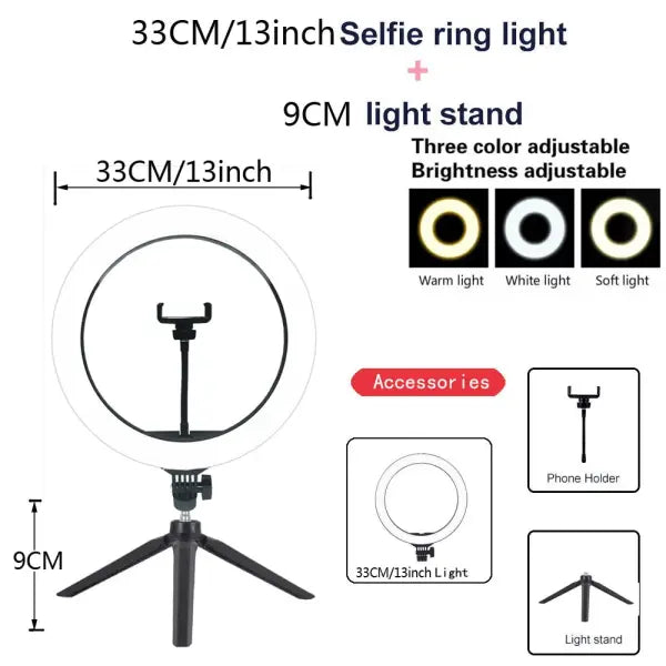 Adjustable Color Temperature Ring Light 33cm Tripod Stand for YouTube - 33CM LED mini tripod