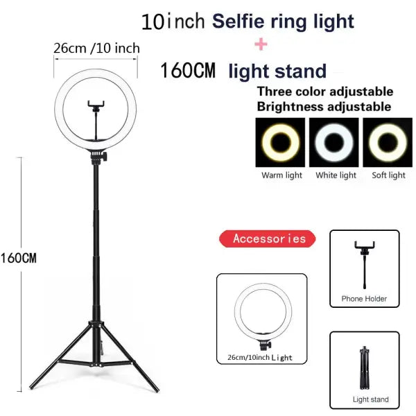 Adjustable Color Temperature Ring Light 33cm Tripod Stand for YouTube - 26CM LED 160tripod