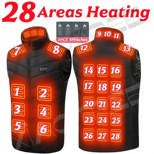 Heated Vest Jacket for Men & Women – Electric USB Winter Thermal Coat 28/9 Zone Body Warmer 6XL - 28Areas Black / Asian
