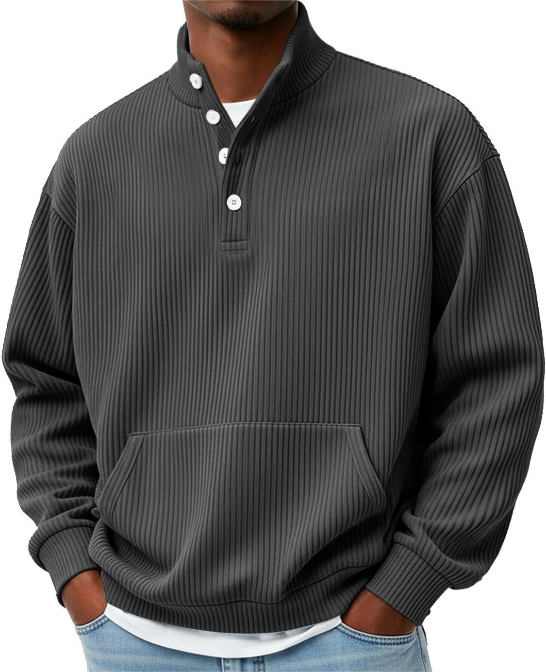 Mens Solid-Color Turtleneck Casual Long-Sleeve Polo Sweatshirt With Pockets For Men Spring Autumn Clothing Loose Button