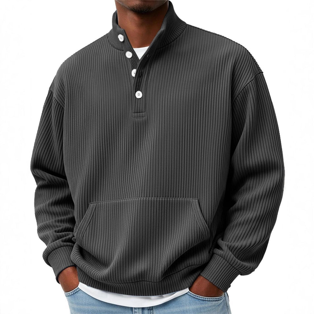 Mens Solid-Color Turtleneck Casual Long-Sleeve Polo Sweatshirt With Pockets For Men Spring Autumn Clothing Loose Button