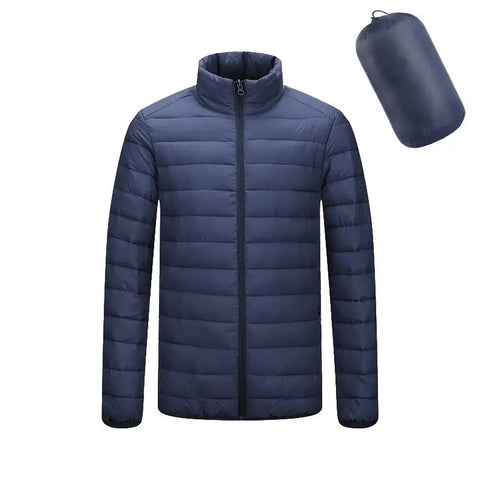 Men’s Lightweight Hooded Winter Coat in Solid Color Zipper Design - Standing collar navy blue / 2XL