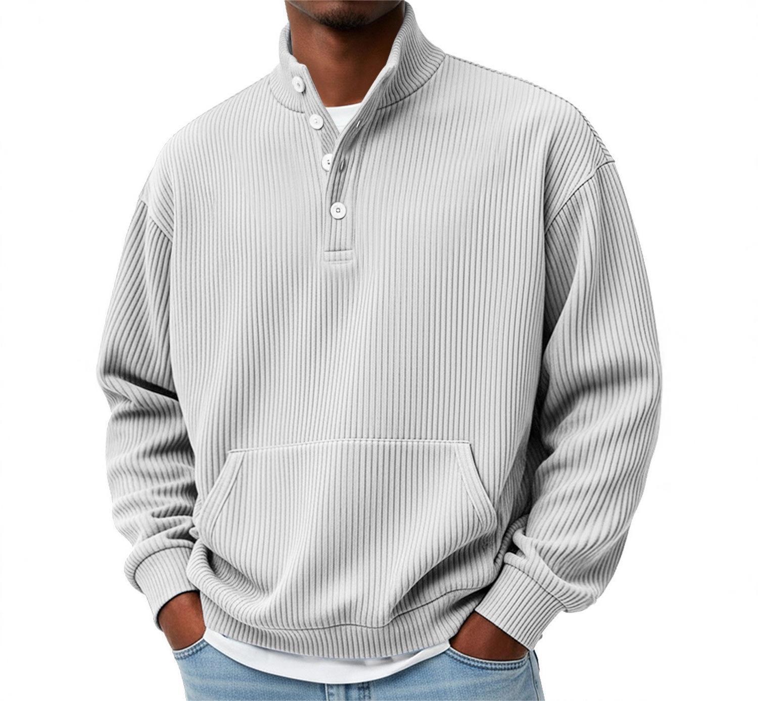 Mens Solid-Color Turtleneck Casual Long-Sleeve Polo Sweatshirt With Pockets For Men Spring Autumn Clothing Loose Button