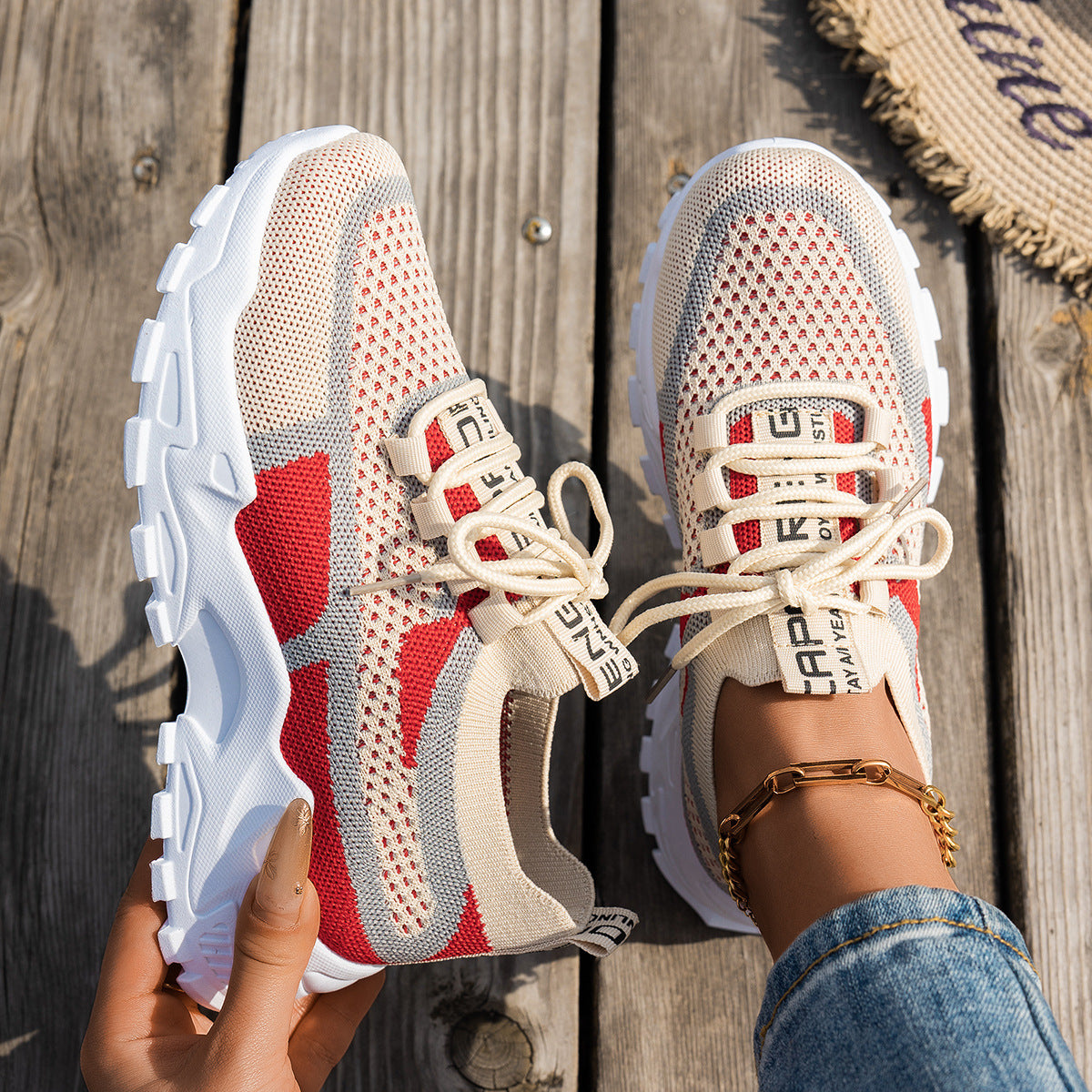 Women’s Breathable Flyknit Low Heel Shoes with Rubber Sole Material - Khaki Red Gray / 36