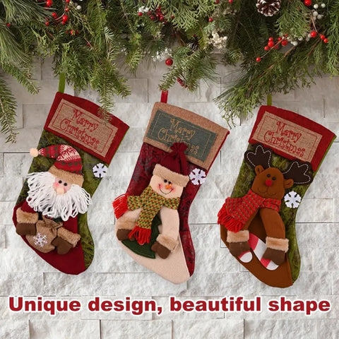 Christmas Stocking Socks with Santa Snowman Elk and Xmas Tree Ornaments