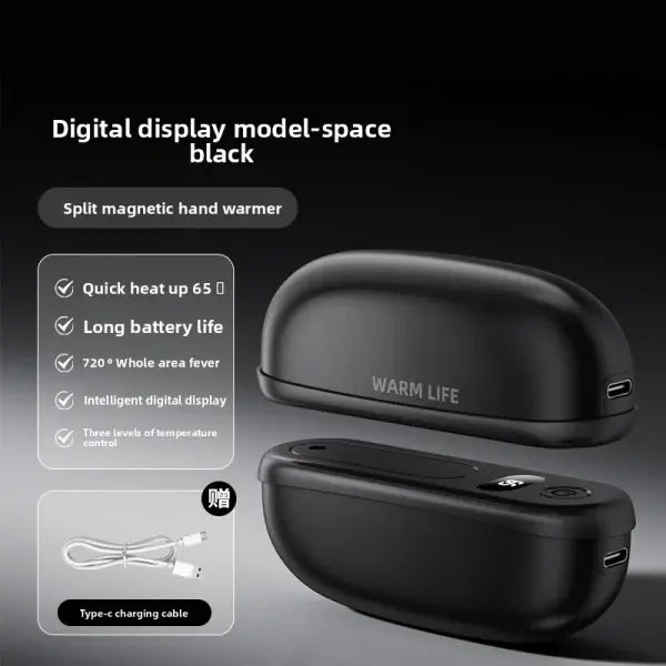 2in1 Magnetic Hand Warmers 3 Adjustable Heat Settings Fast 3 Second Heating Dual Sided Warmth Massage USB - Black3