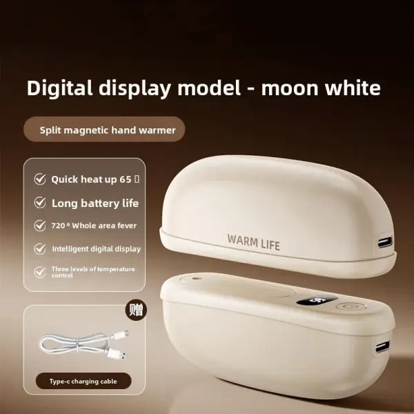 2in1 Magnetic Hand Warmers 3 Adjustable Heat Settings Fast 3 Second Heating Dual Sided Warmth Massage USB - White3