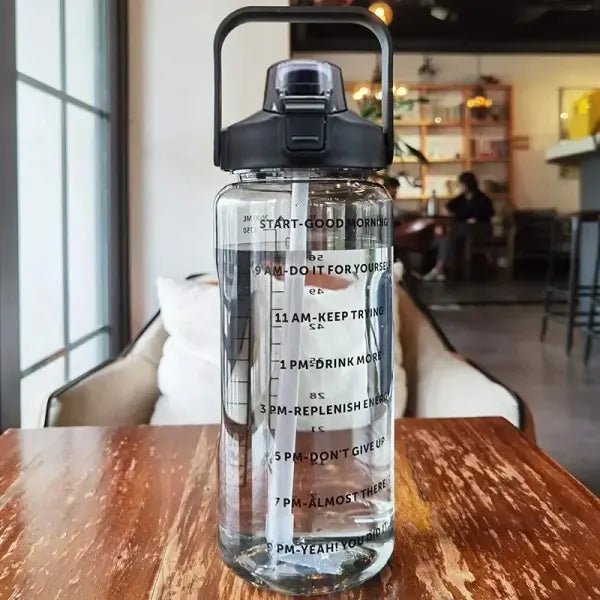 2L Water Bottle Portable Straw with Time Marker for Fitness - black