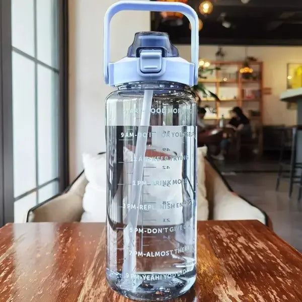 2L Water Bottle Portable Straw with Time Marker for Fitness - Blue