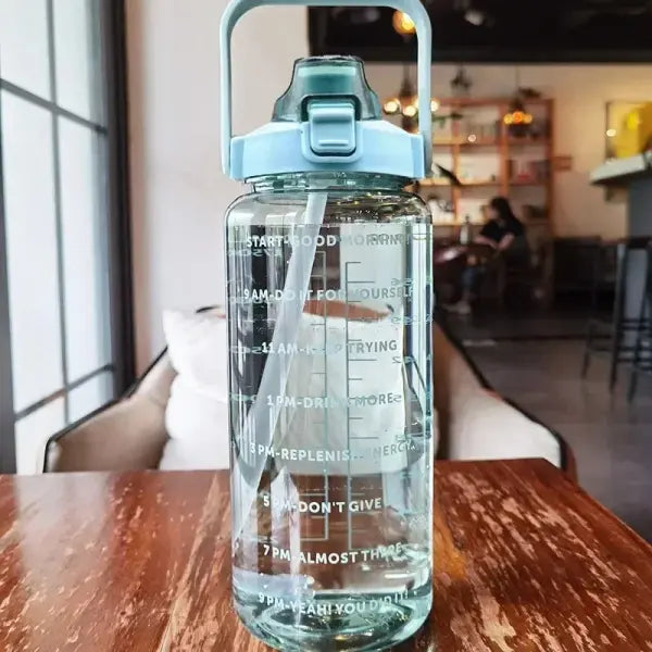2L Water Bottle Portable Straw with Time Marker for Fitness - green