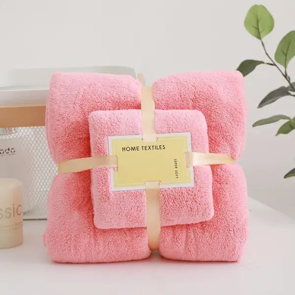 2pc bath towels coral velvet set for hotel spa - Pink / 70x140cm 35X75CM
