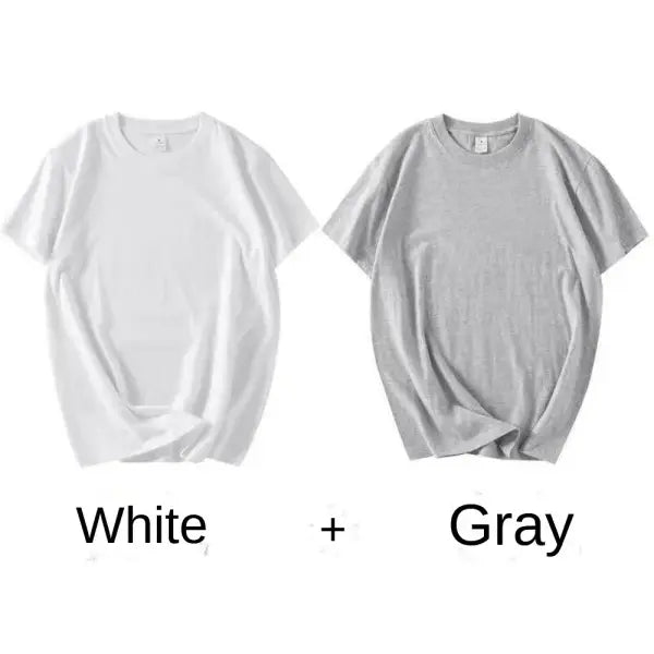 2PCS 100% Cotton T-Shirts – Unisex Solid Color Short Sleeve Loose Fit Round Neck Casual Tops - White Gray / 2XL 70-80KG