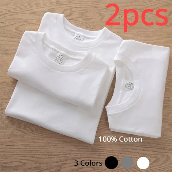2PCS 100% Cotton T-Shirts – Unisex Solid Color Short Sleeve Loose Fit Round Neck Casual Tops