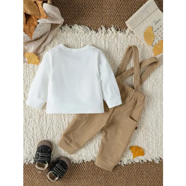 2PCS Baby Boys Autumn Outfit – Cute Long Sleeve Top with Bear & Button Jumpsuit Playsuit Set