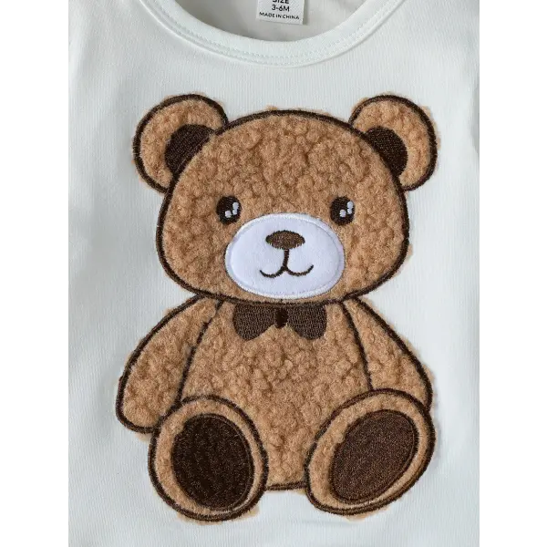 2PCS Baby Boys Autumn Outfit – Cute Long Sleeve Top with Bear & Button Jumpsuit Playsuit Set