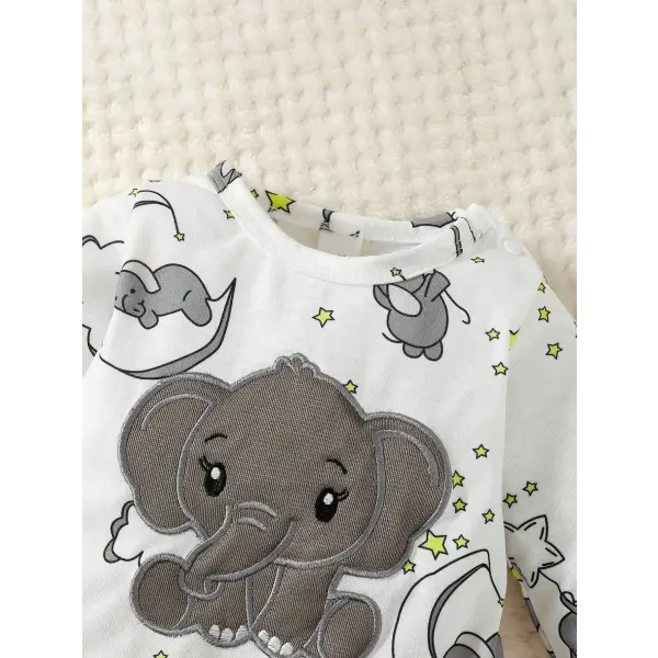 2pcs Baby Cute Cartoon Elephant Pattern Embroidery Long Sleeve Romper With Hat
