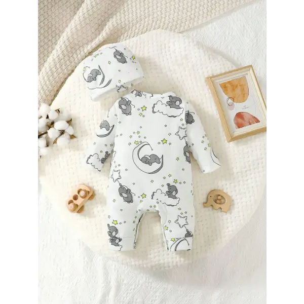 2pcs Baby Cute Cartoon Elephant Pattern Embroidery Long Sleeve Romper With Hat