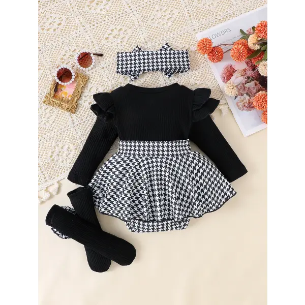 PCS Baby Girls Autumn Outfit – Cute Black Top Houndstooth Skirt & Hairband Set (0–1 Years)