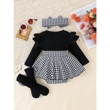 PCS Baby Girls Autumn Outfit – Cute Black Top Houndstooth Skirt & Hairband Set (0–1 Years)