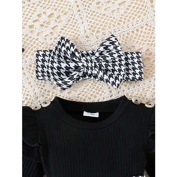 PCS Baby Girls Autumn Outfit – Cute Black Top Houndstooth Skirt & Hairband Set (0–1 Years)