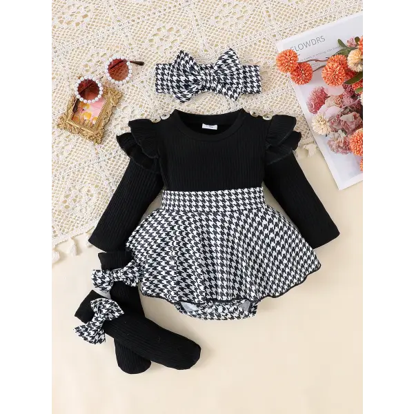 PCS Baby Girls Autumn Outfit – Cute Black Top Houndstooth Skirt & Hairband Set (0–1 Years) - black / 6-9M