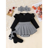 PCS Baby Girls Autumn Outfit – Cute Black Top Houndstooth Skirt & Hairband Set (0–1 Years) - black / 6-9M