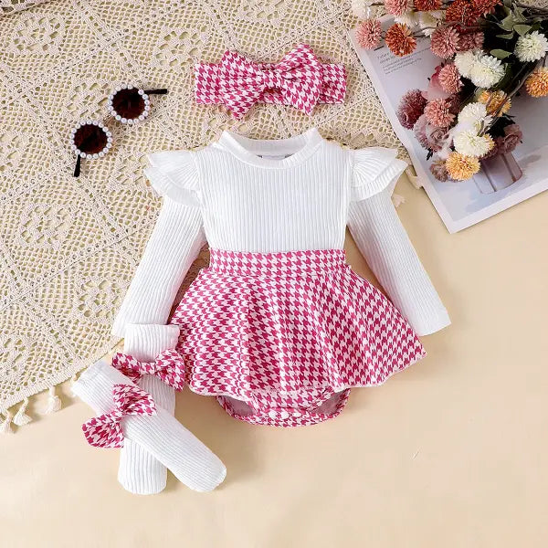 PCS Baby Girls Autumn Outfit – Cute Black Top Houndstooth Skirt & Hairband Set (0–1 Years) - Pink / 12-18M