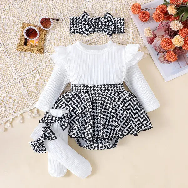 PCS Baby Girls Autumn Outfit – Cute Black Top Houndstooth Skirt & Hairband Set (0–1 Years) - WHITE / 1-3M