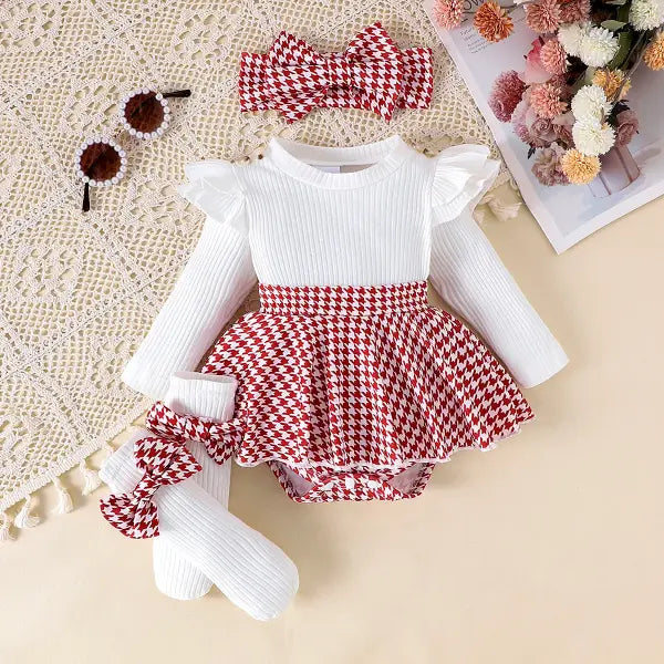 PCS Baby Girls Autumn Outfit – Cute Black Top Houndstooth Skirt & Hairband Set (0–1 Years) - Red / 3-6M