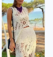 2pcs Women’s Lace Skirt Suit – V-Neck Ruffle Top & Flare Skirt - Himpall