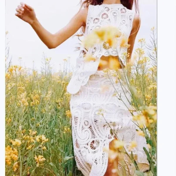 2pcs Women’s Lace Skirt Suit – V-Neck Ruffle Top & Flare Skirt - Himpall