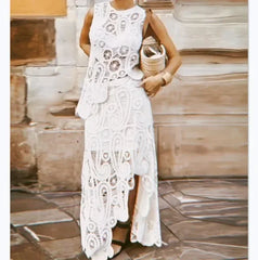 2pcs Women’s Lace Skirt Suit – V-Neck Ruffle Top & Flare Skirt - Himpall