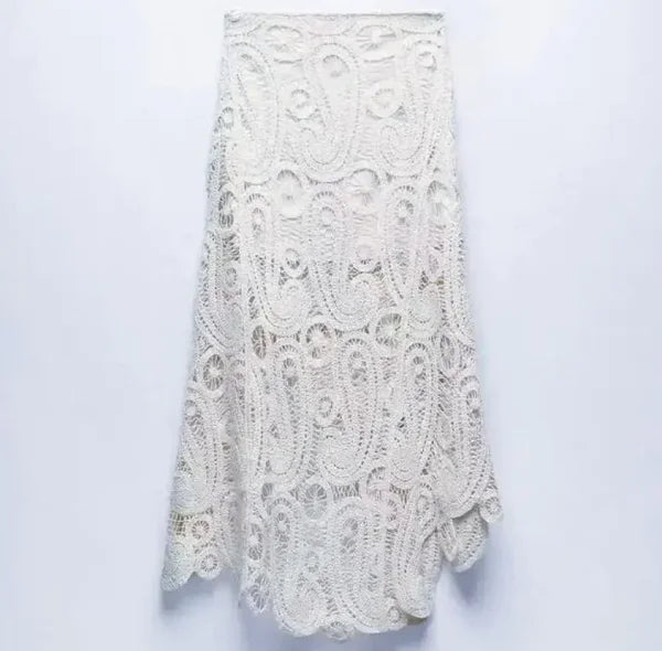 2pcs Women’s Lace Skirt Suit – V-Neck Ruffle Top & Flare Skirt - Himpall