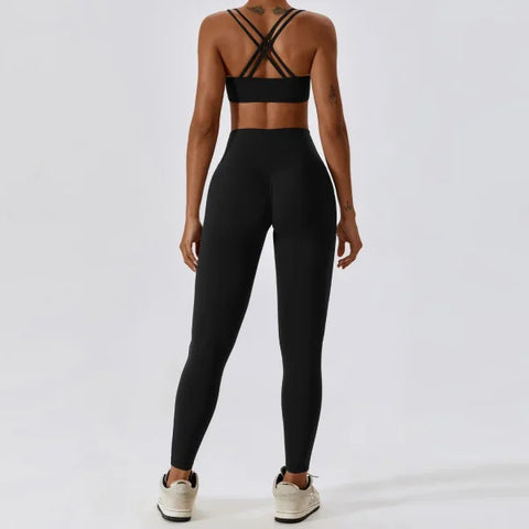 2PCS Women’s Nude Feel Yoga Set – Gym Sports Bra & Leggings Suit - Advanced Black Set-1 / XL / CHINA