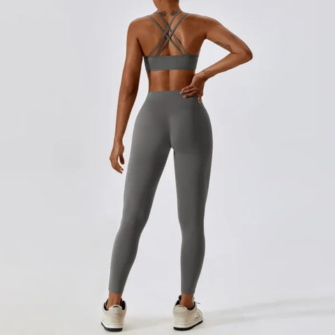 2PCS Women’s Nude Feel Yoga Set – Gym Sports Bra & Leggings Suit - Yuanshan Grey Set-1 / XL / CHINA
