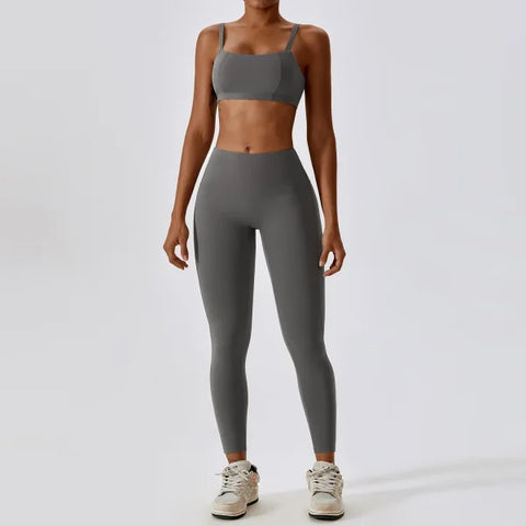 2PCS Women’s Nude Feel Yoga Set – Gym Sports Bra & Leggings Suit - Yuanshan Grey Set-2 / XL / CHINA