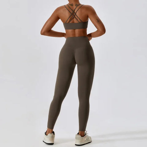 2PCS Women’s Nude Feel Yoga Set – Gym Sports Bra & Leggings Suit - Jiaocha Coffee Set-1 / XL / CHINA