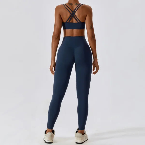 2PCS Women’s Nude Feel Yoga Set – Gym Sports Bra & Leggings Suit - Badge Blue Set-1 / XL / CHINA